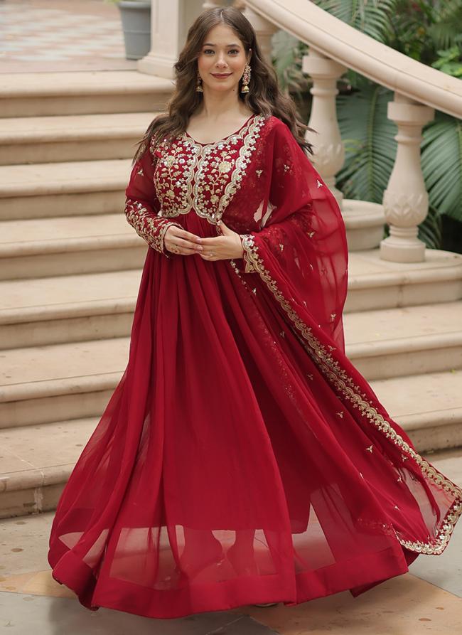 Georgette Maroon Party Wear Embroidery Work Readymade Gown With Dupatta